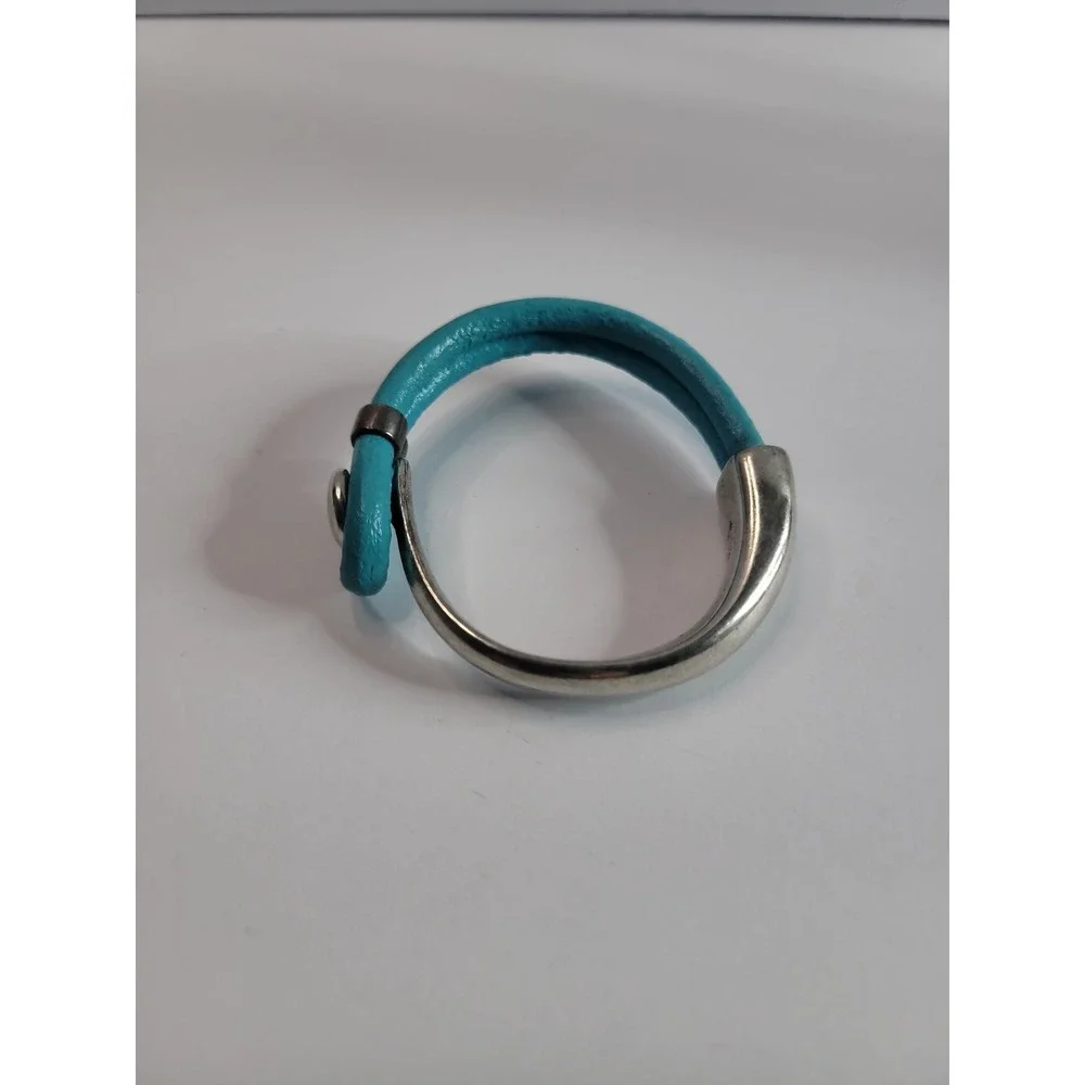 Blue Faux Leather Silver Tone Mixed Media Cuff Bracelet Modern Statement Jewelry